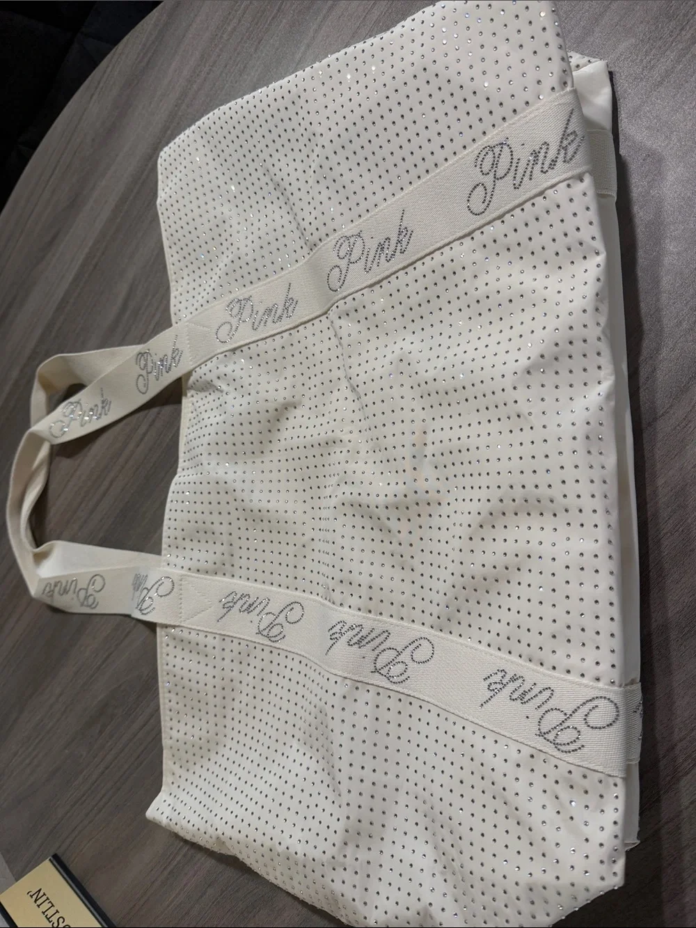 NWOT PINK Victoria's Secret Ivory Large Rhinestone Zip Tote Logo Strap Handles